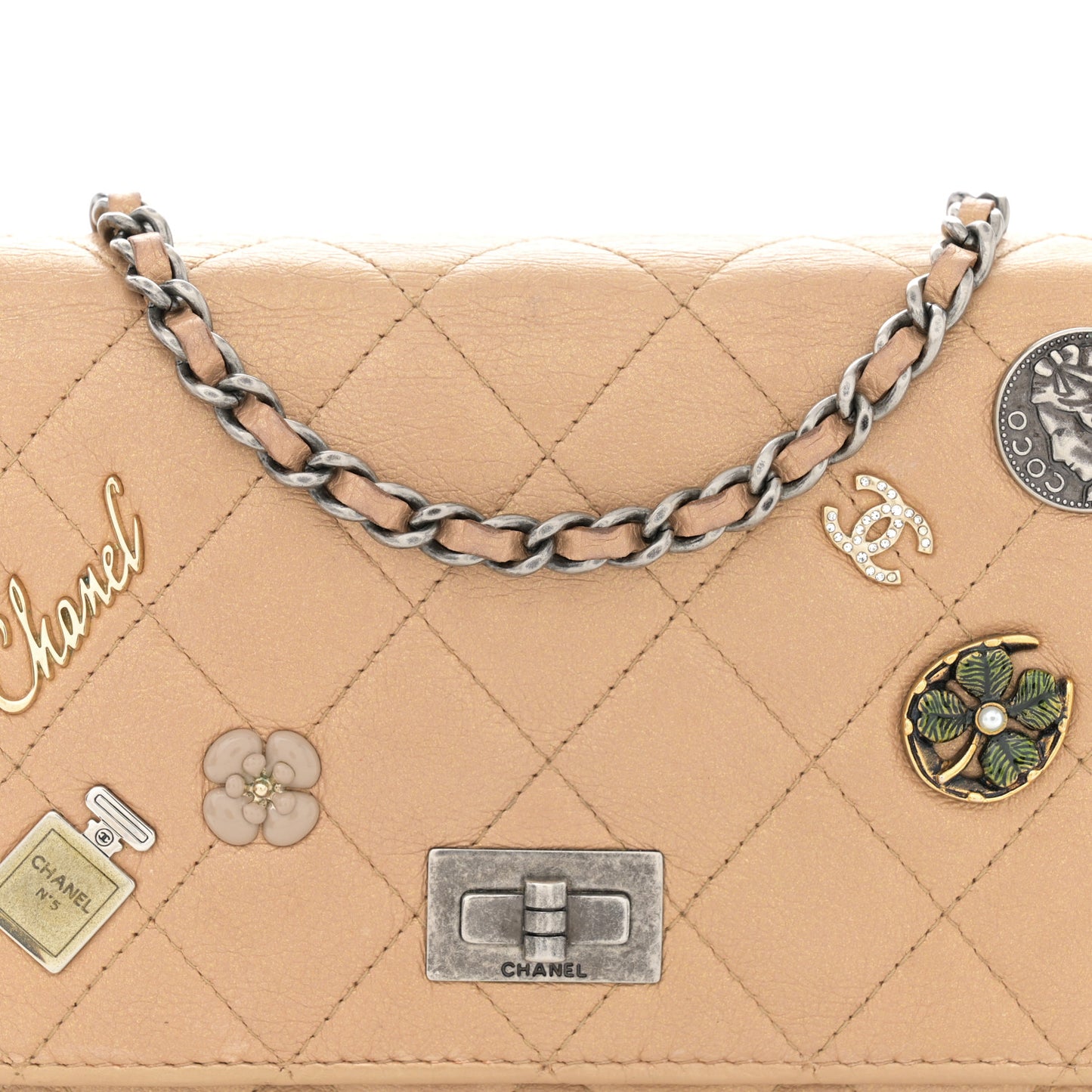 Metallic Calfskin Lucky Charms Casino 2.55 Reissue Wallet On Chain WOC Beige