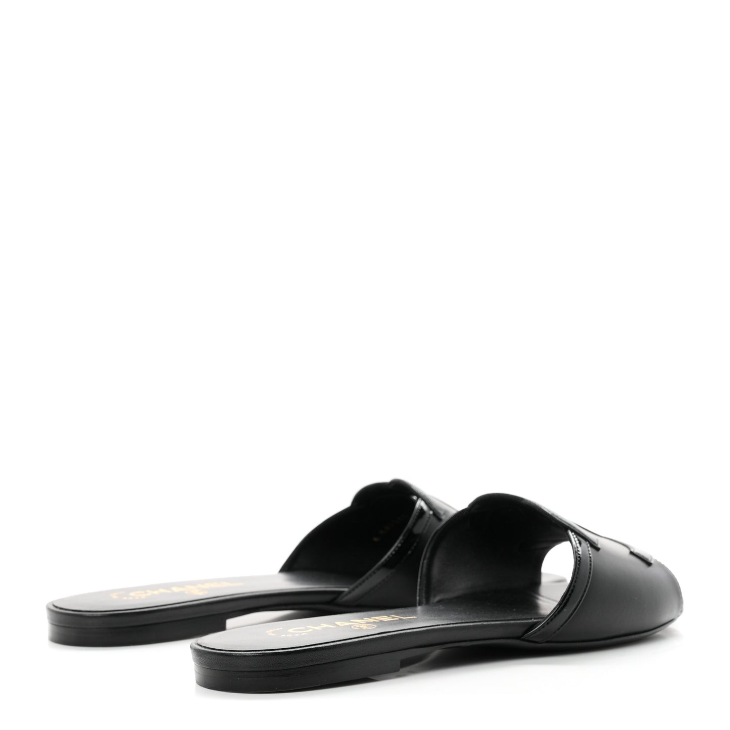 Lambskin Patent Calfskin CC Cutout Mules 39.5 Black