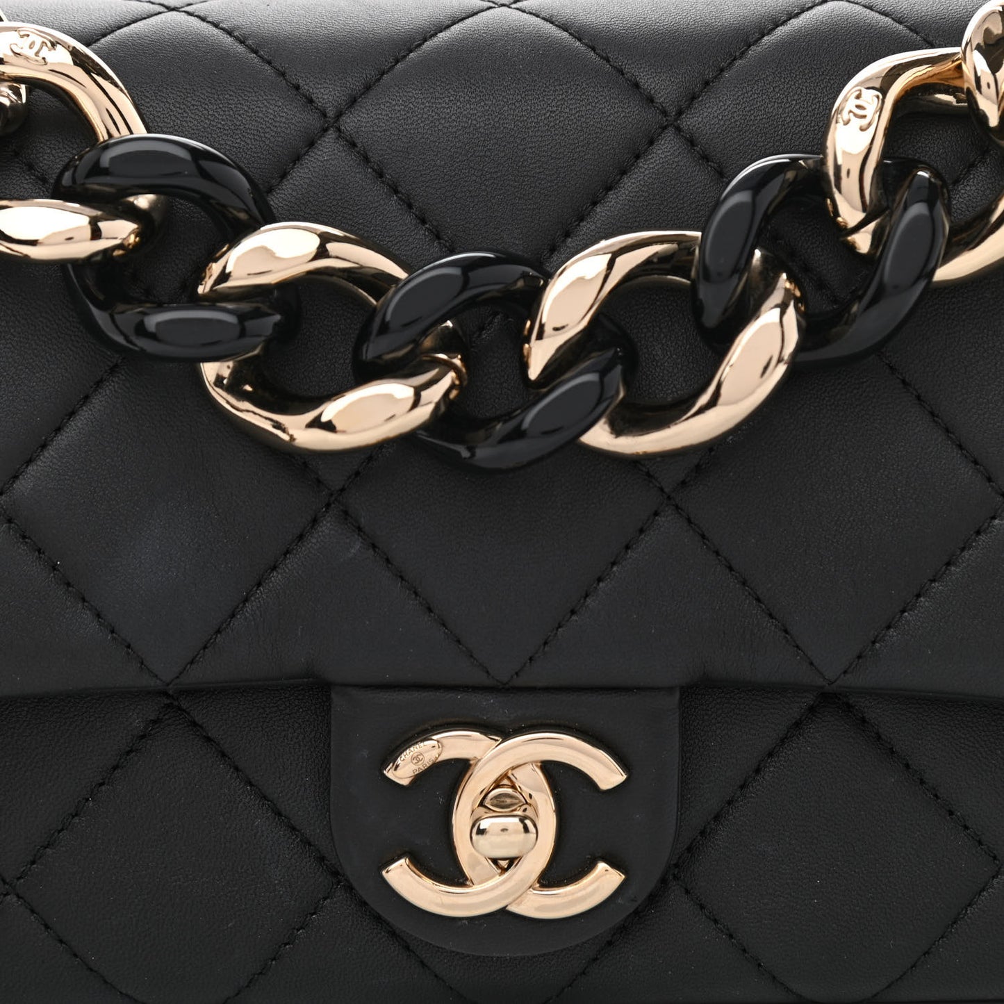 Lambskin Quilted Resin Bi-Color Chain Flap Bag Black
