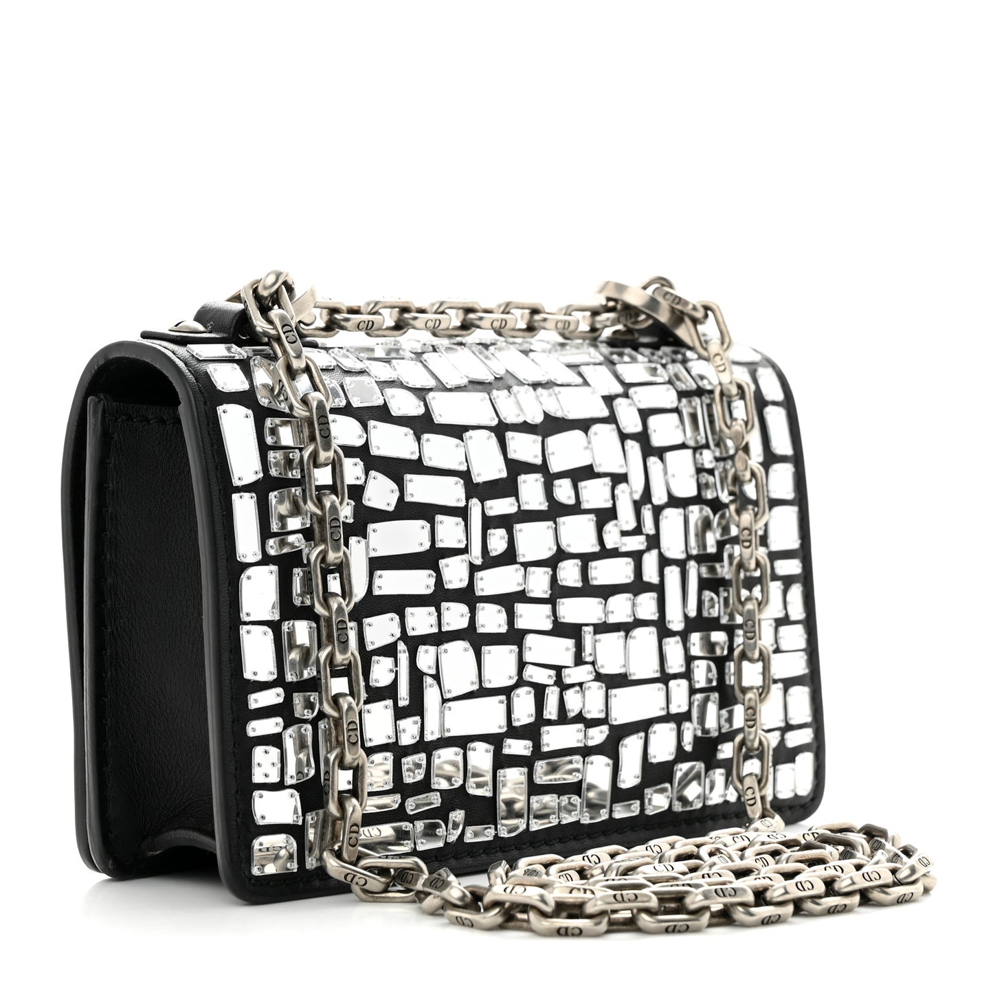 Smooth Calfskin Embroidered Mosaic of Mirrors Mini J'Adior Chain Flap Bag Black