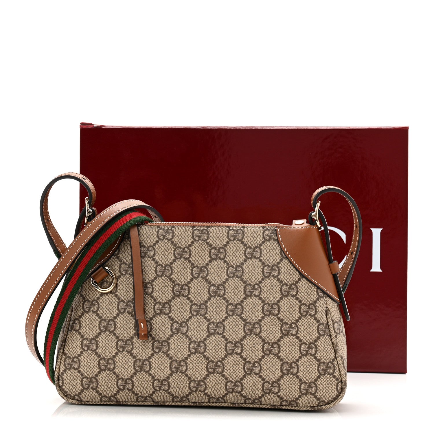 Gucci GG Supreme Monogram Textured Calfskin Small Emblem Shoulder Bag Beige Dark Brown 11 of 11