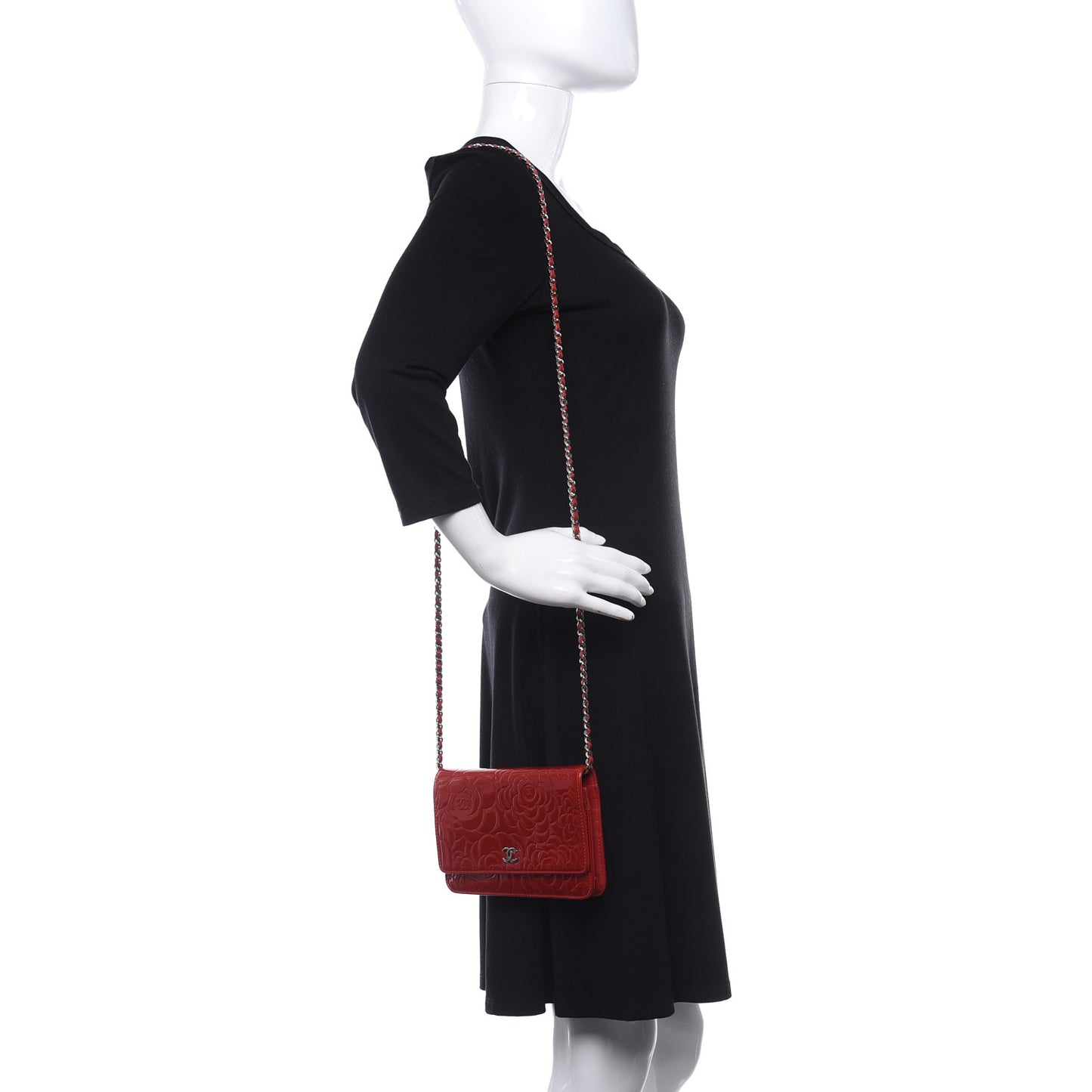 Patent Camellia Embossed Wallet On Chain WOC Dark Red