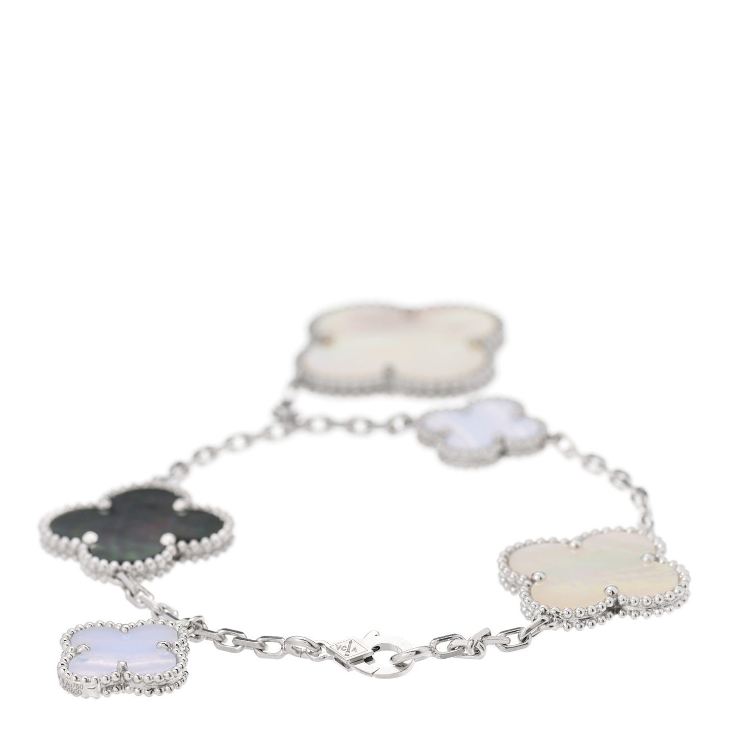 18K White Gold Chalcedony Mother of Pearl 5 Motifs Magic Alhambra Bracelet