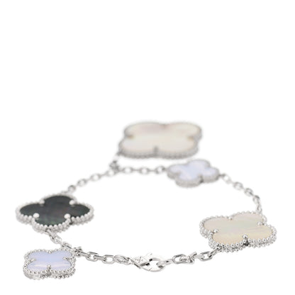 Van Cleef & Arpels 18K White Gold Chalcedony Mother of Pearl 5 Motifs Magic Alhambra Bracelet 2 of 6