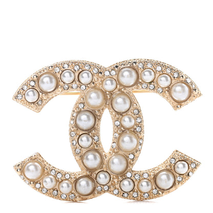 Chanel Pearl Crystal CC Brooch Gold 1 of 4