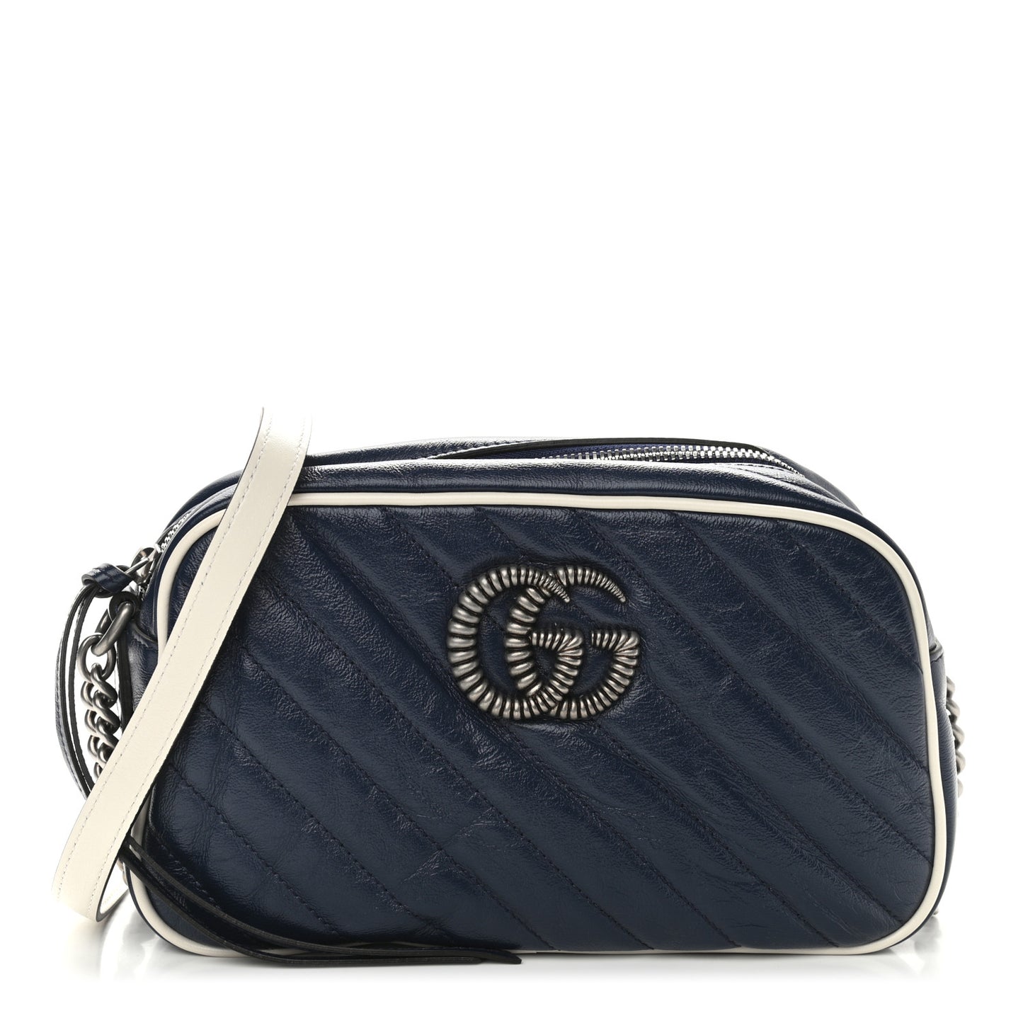Vintage Effect Calfskin Matelasse Diagonal Small Torchon GG Marmont Chain Shoulder Bag Blue Agata Mystic White