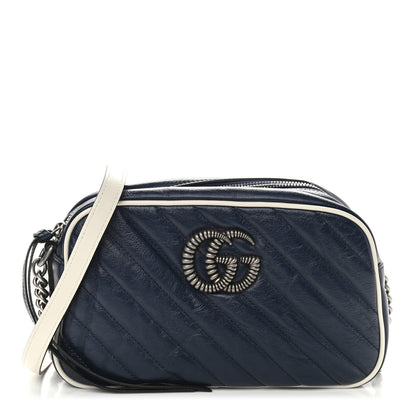 Gucci Vintage Effect Calfskin Matelasse Diagonal Small Torchon GG Marmont Chain Shoulder Bag Blue Agata Mystic White 1 of 10