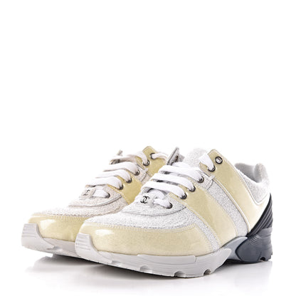 Chanel Iridescent Terry Cloth PVC Calfskin Sneakers 37.5 Silver 3 of 10