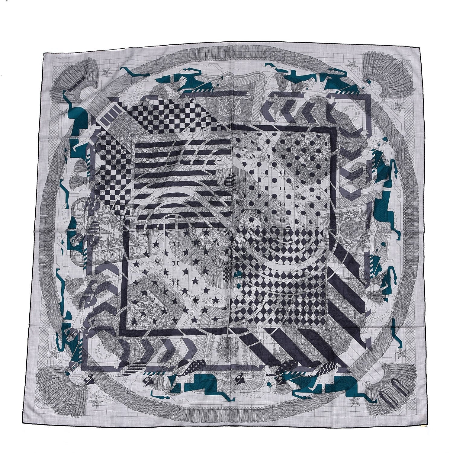 Hermes Cashmere Silk Imprimeur Fou Steeple Poste Shawl 140 Gris Clair Chine Anthracite Turquoise 1 of 6
