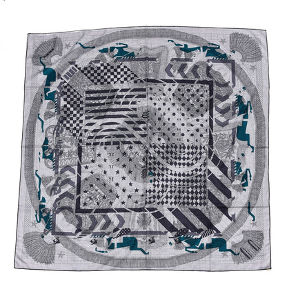 Hermes Cashmere Silk Imprimeur Fou Steeple Poste Shawl 140 Gris Clair Chine Anthracite Turquoise 1 of 6