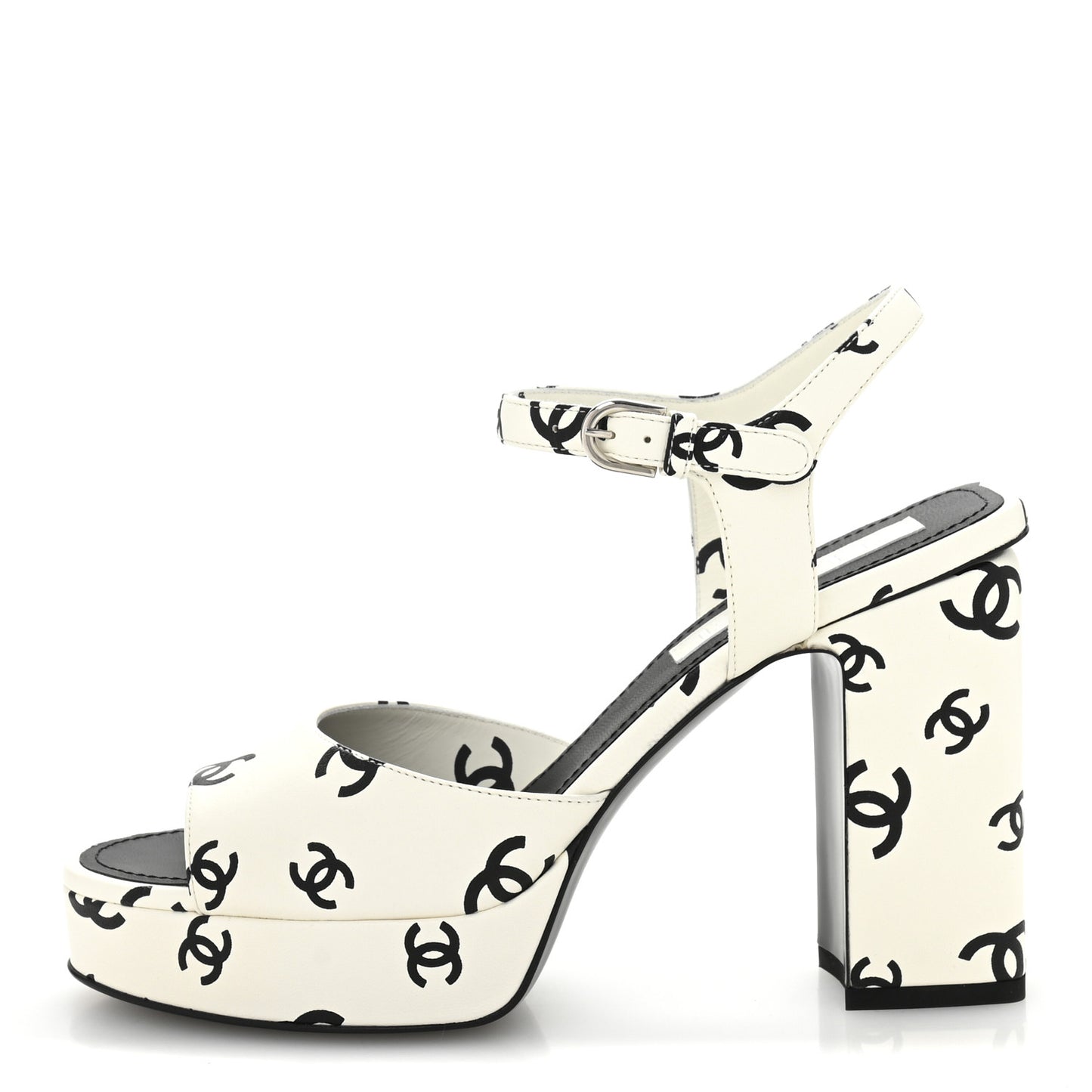 Printed Lambskin CC Platform Sandals 39 White Black