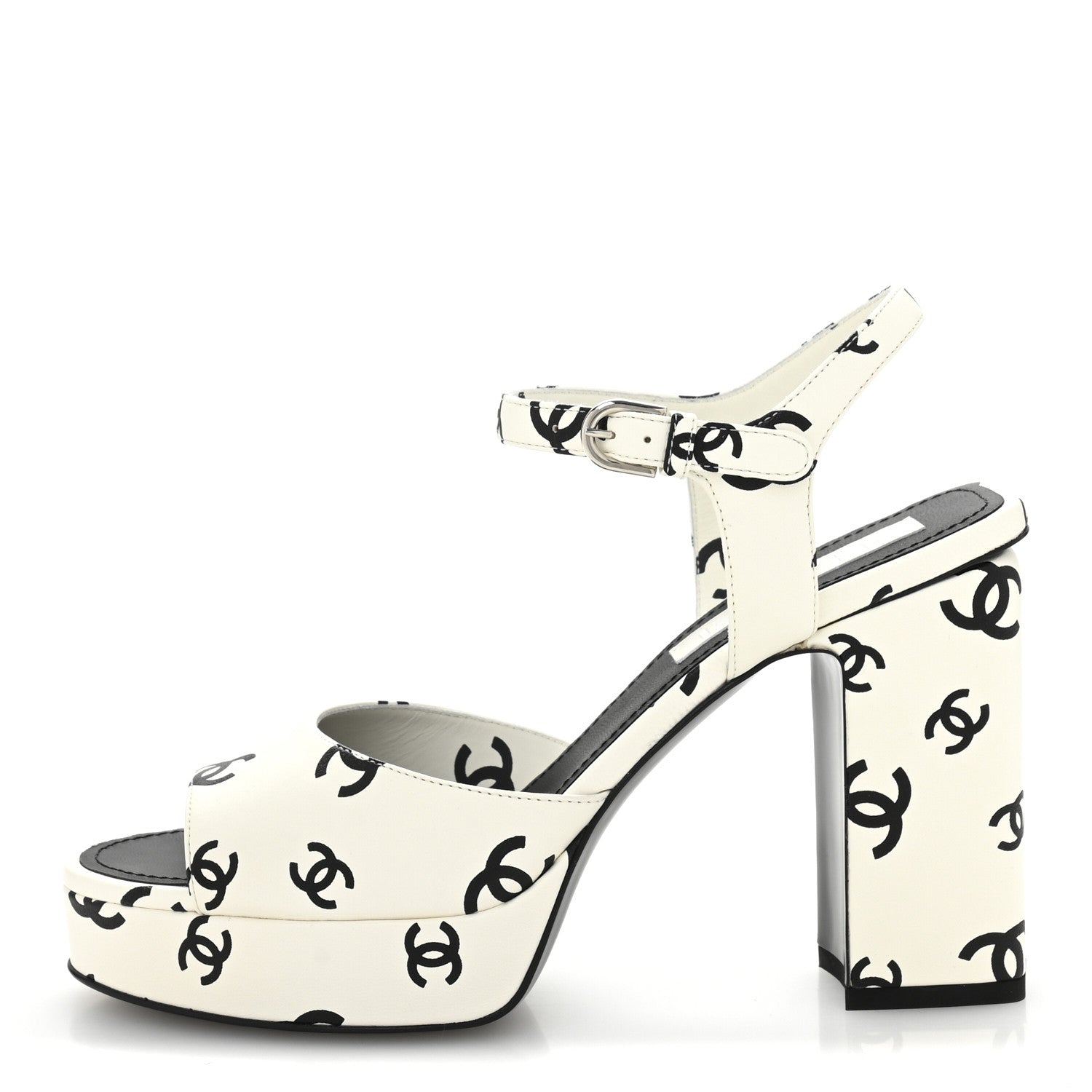 Chanel Printed Lambskin CC Platform Sandals 39 White Black 1 of 9