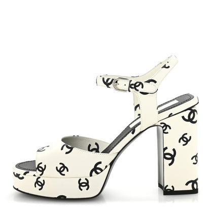 Chanel Printed Lambskin CC Platform Sandals 39 White Black 1 of 9