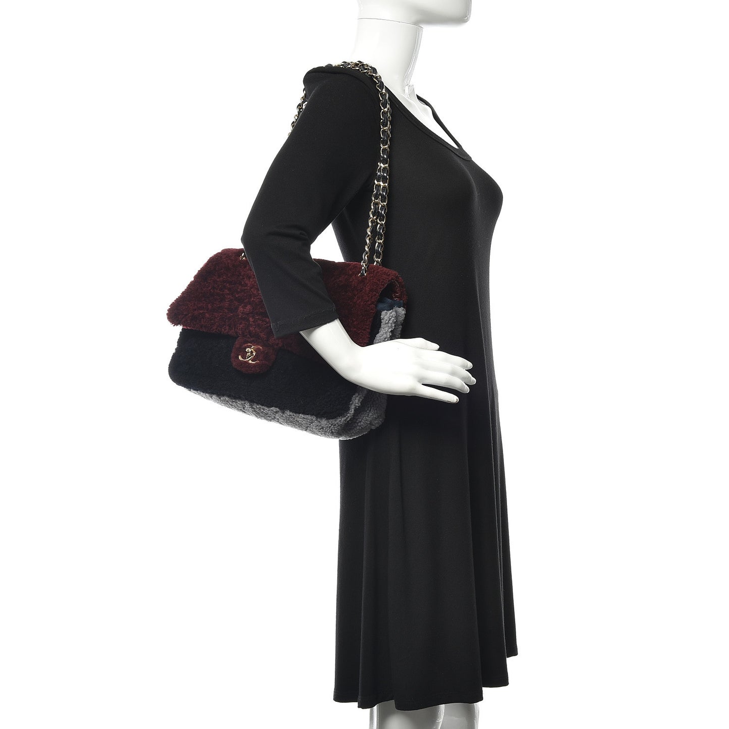 Shearling Sheepskin Quilted Tri-Color Flap Burgundy Black Grey