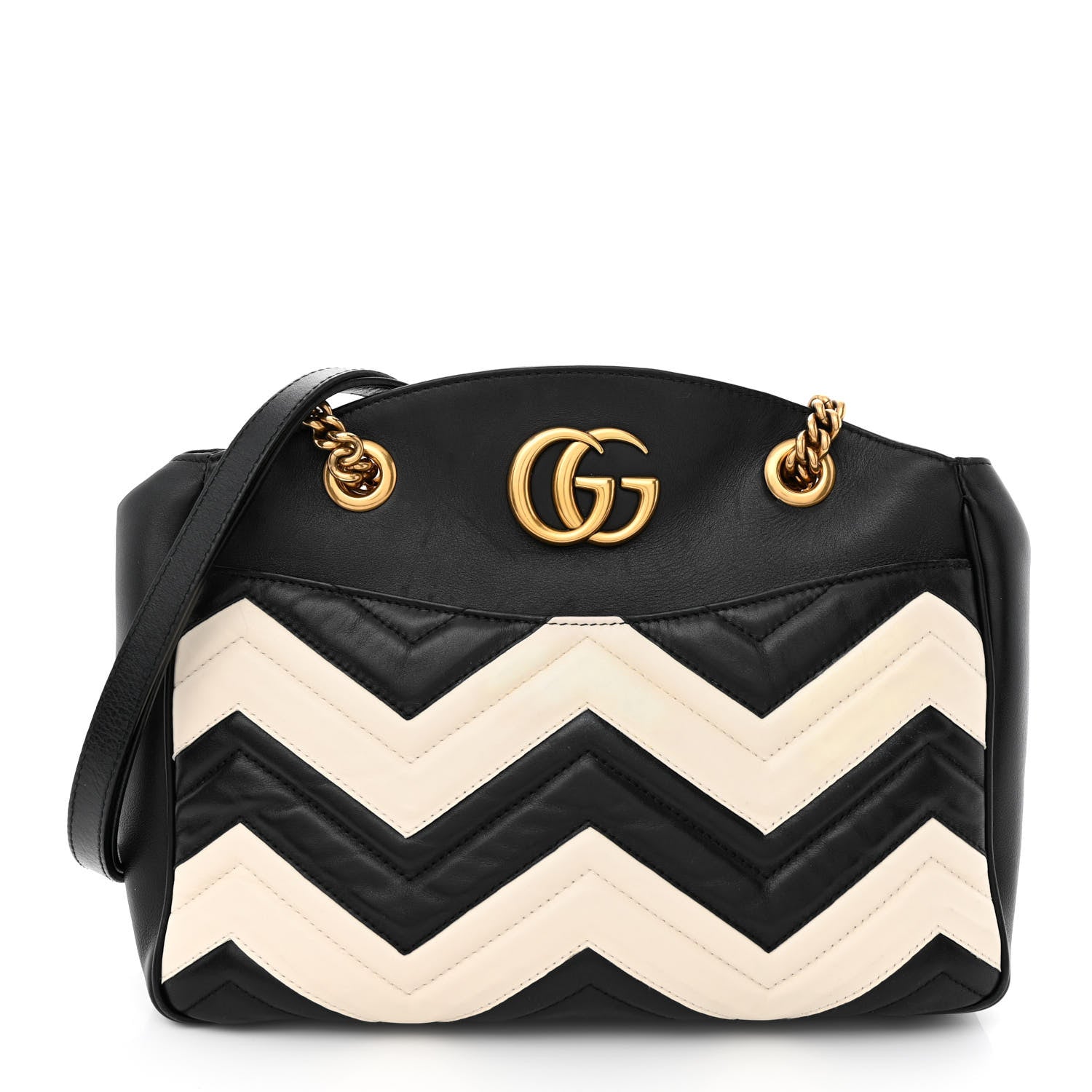 Gucci Calfskin Matelasse Medium GG Marmont Open Top Shoulder Bag Black White 3 of 13
