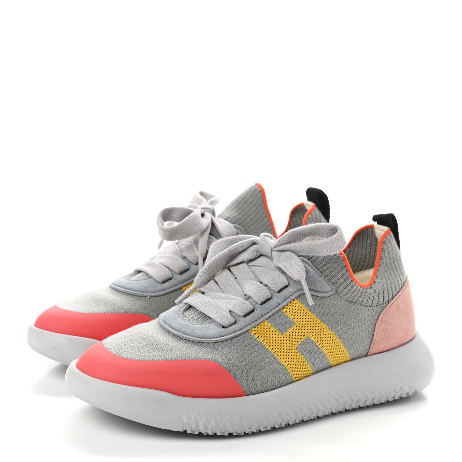 Hermes Knit Suede Goatskin Womens Crew Sneakers 35 Multicolor Gris Orange 3 of 7