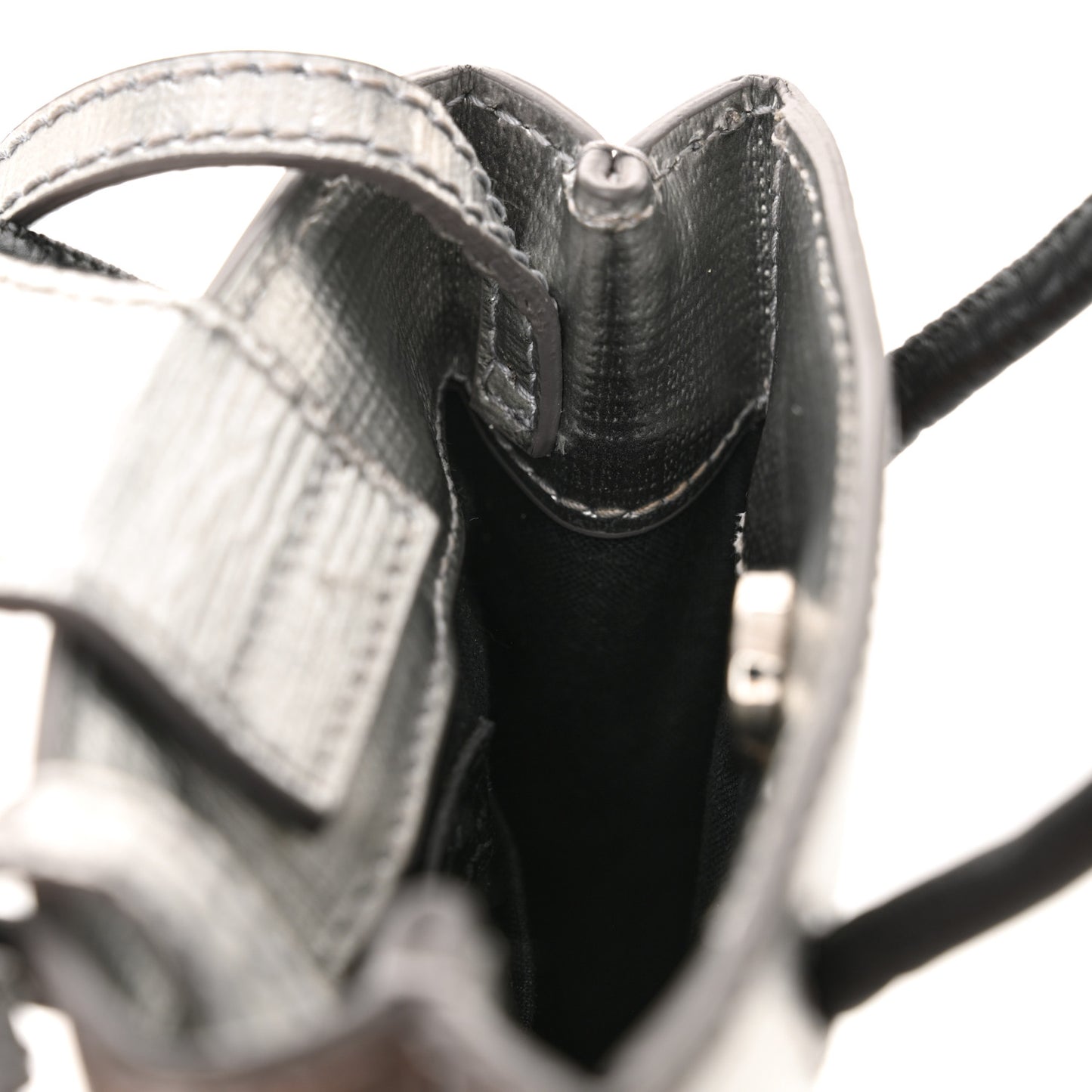 Metallic Textured Calfskin Logo Shopping Phone Holder Bag Silver