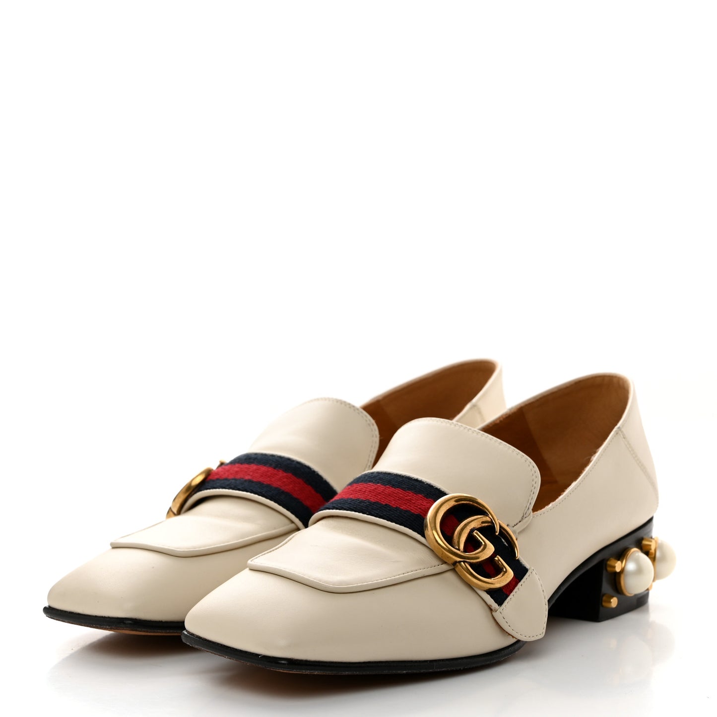Betis Glamour Calfskin Web Pearl Embellished Peyton 35mm Loafer Pumps 37 Mystic White