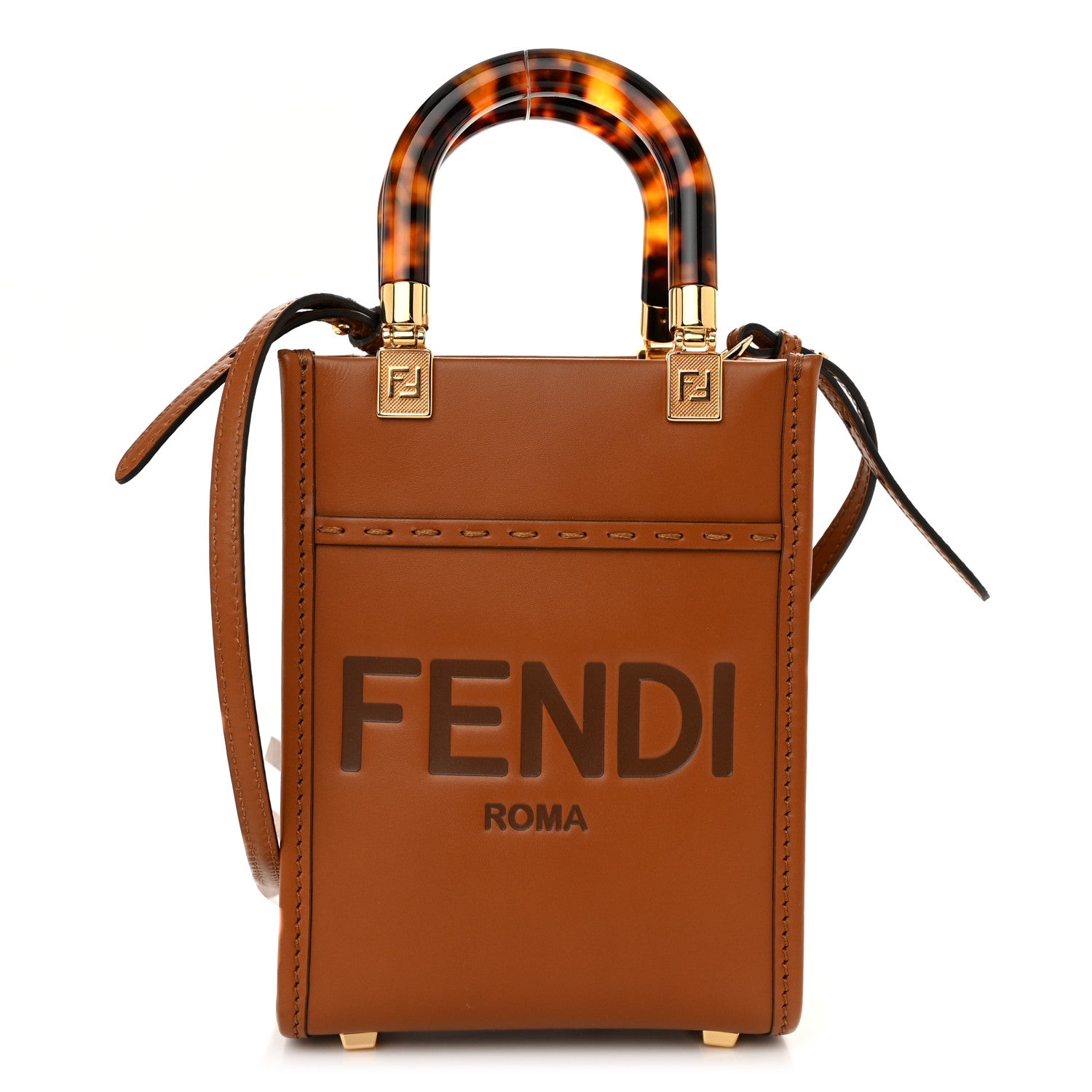 Fendi Vitello King Plexiglass Logo Embossed Mini Fendi Sunshine Shopper Tote Cuoio 1 of 9