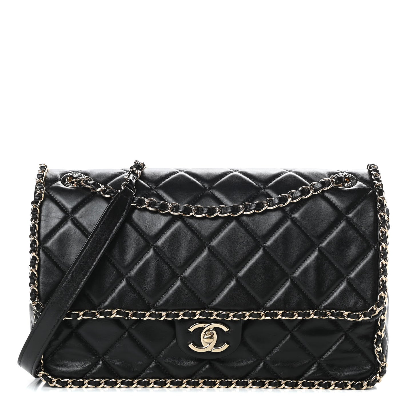 Crumpled Calfskin Quilted Large Chain All Over Flap Bag Black