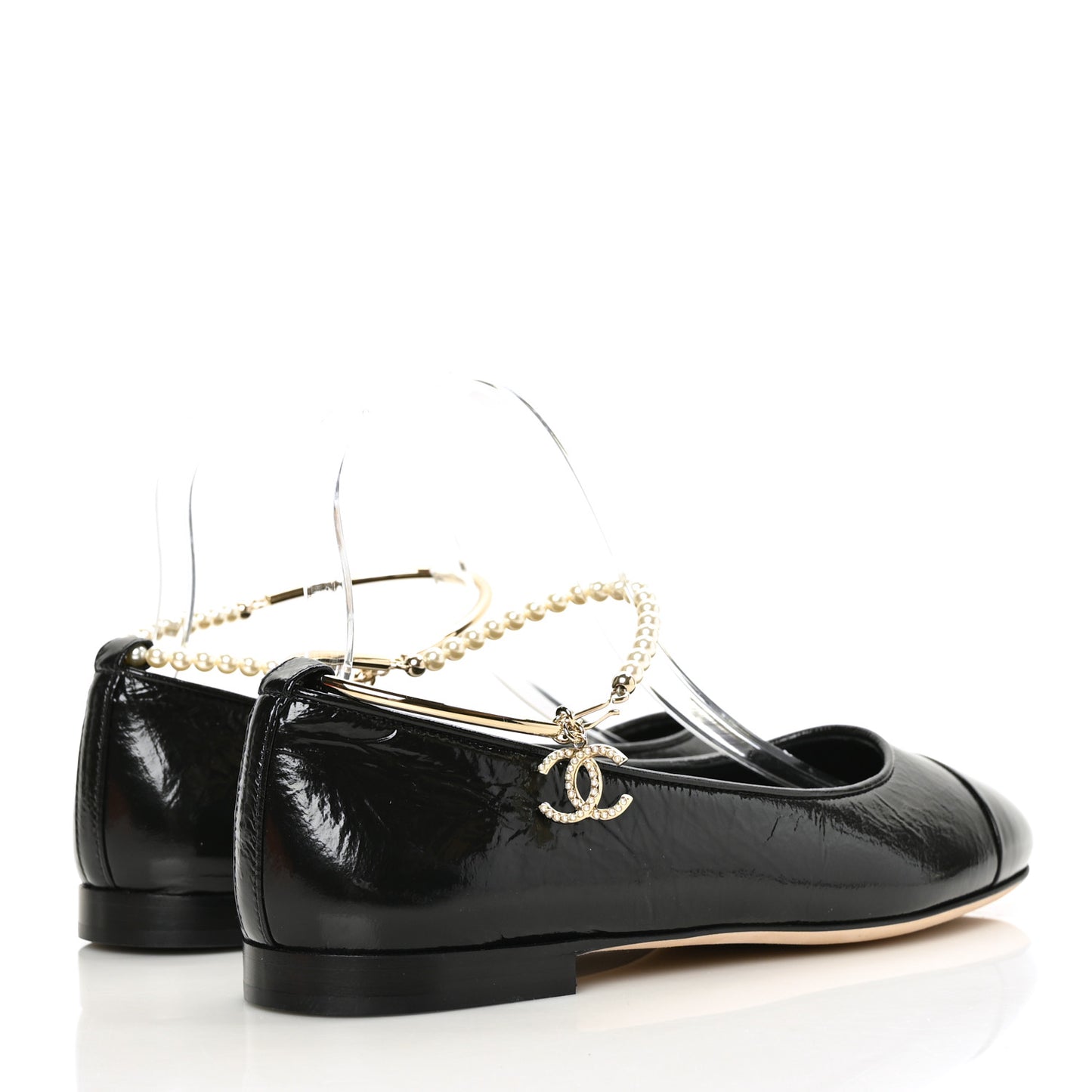 Lambskin Patent Calfskin Cap Toe Ankle Chain Ballerina Flats 38 Black