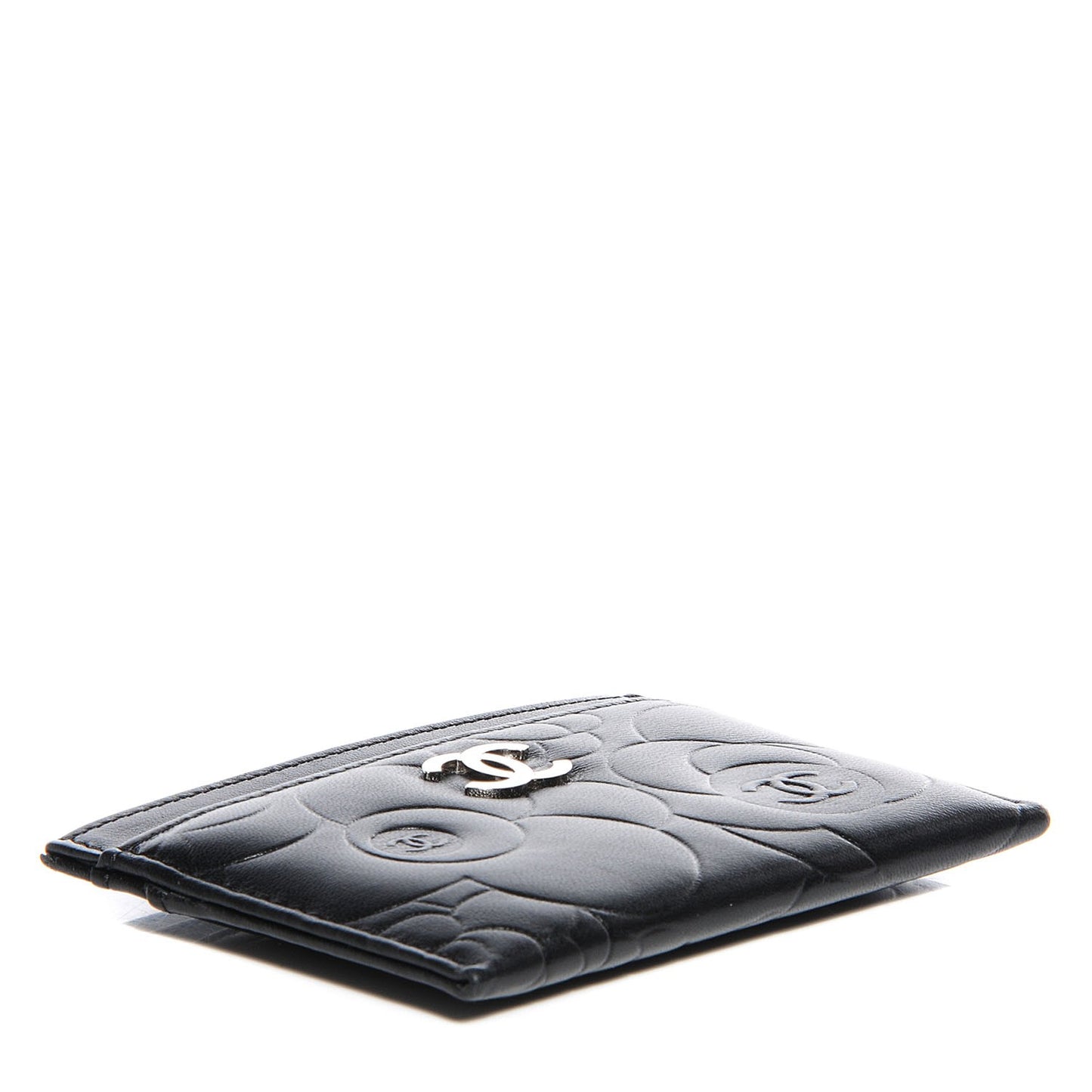 Lambskin Camellia Embossed Card Holder Black