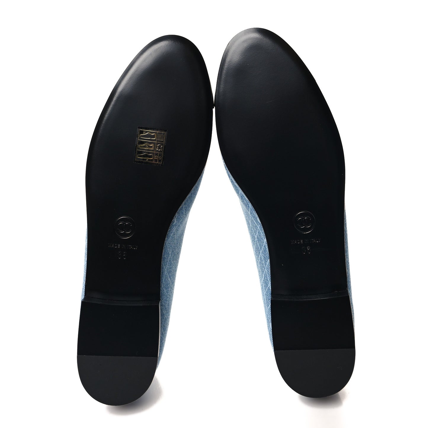 Denim Printed Quilt CC Cap Toe Ballerina Flats 38 Navy Blue Dark Grey