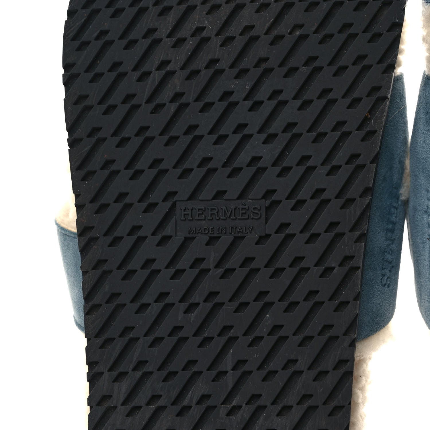 Hermes Suede Goatskin Woolskin Womens Chypre Sandals 37.5 Bleu Pinede Ecru 6 of 8