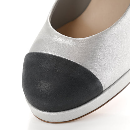 Chanel Metallic Calfskin Buffalo Cap Toe CC Pumps 37 Silver Black 9 of 9