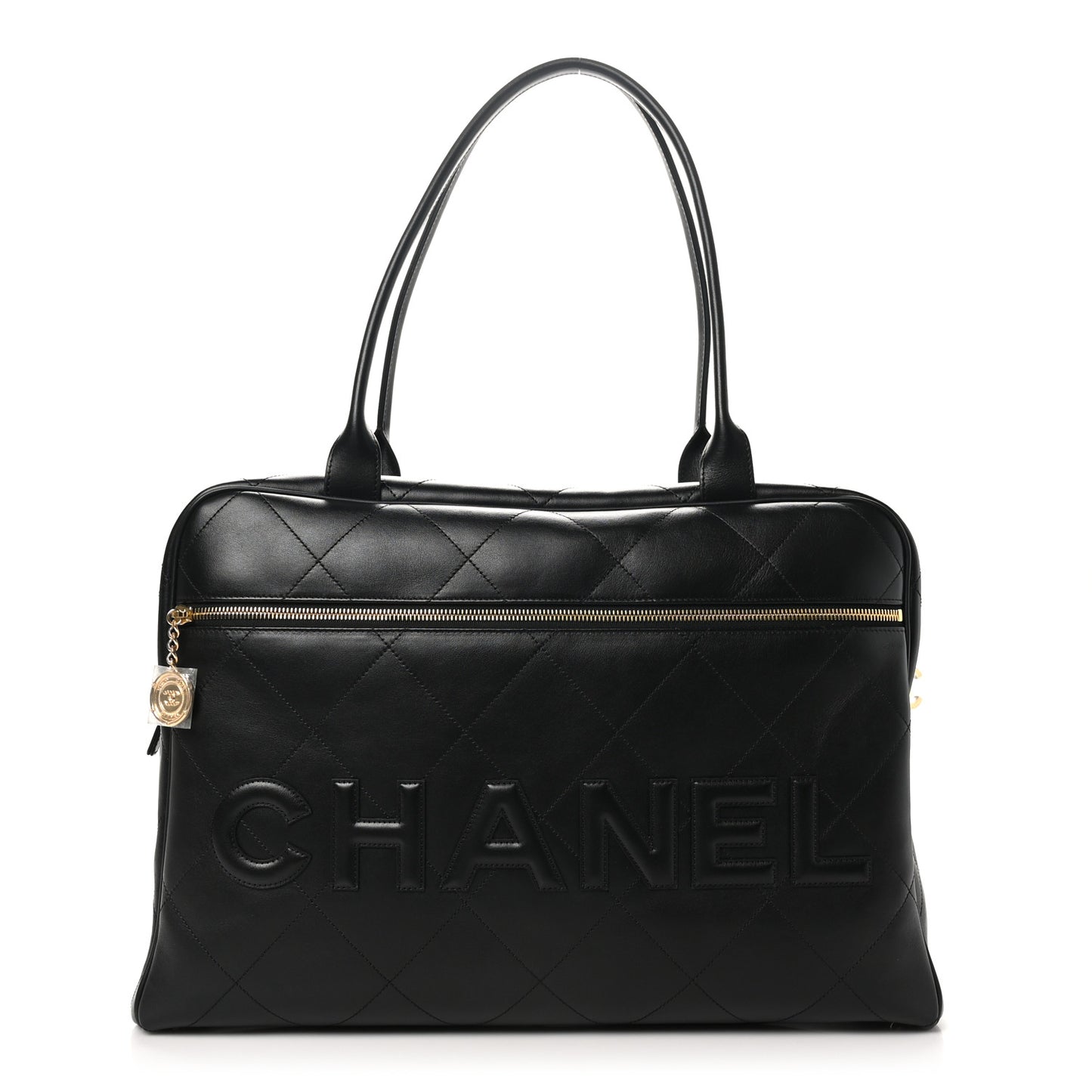 Calfskin Stitched Maxi Logo Bowling Bag Black