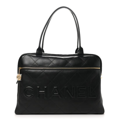 Chanel Calfskin Stitched Maxi Logo Bowling Bag Black 1 of 10