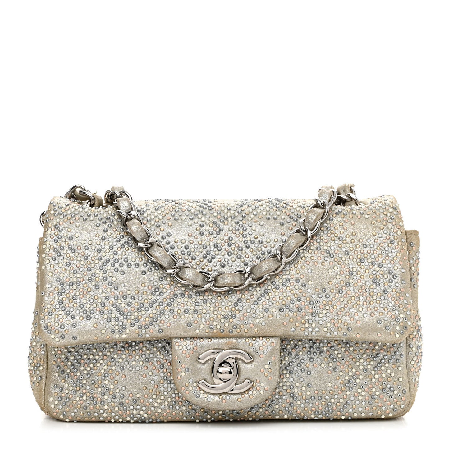 Iridescent Calfskin Studded Mini Flap Silver