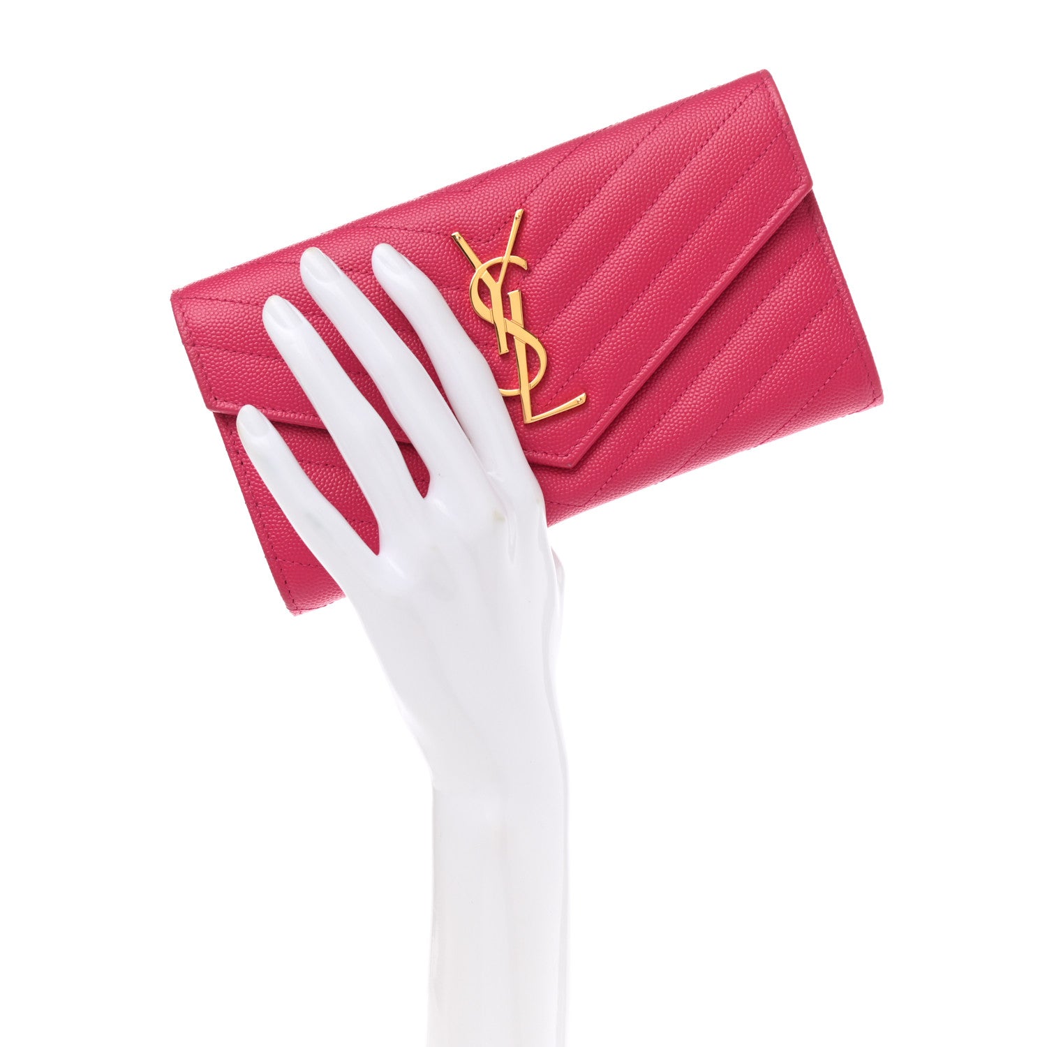 Saint Laurent Grain De Poudre Matelasse Chevron Monogram Flap Wallet Fuxia 3 of 7