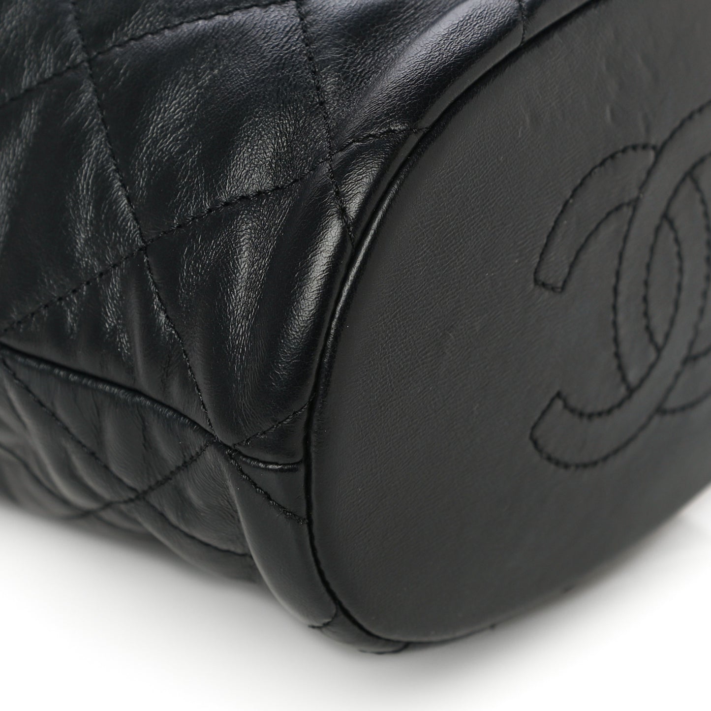 Lambskin Enamel Quilted Pending CC Bucket Drawstring Bag Black