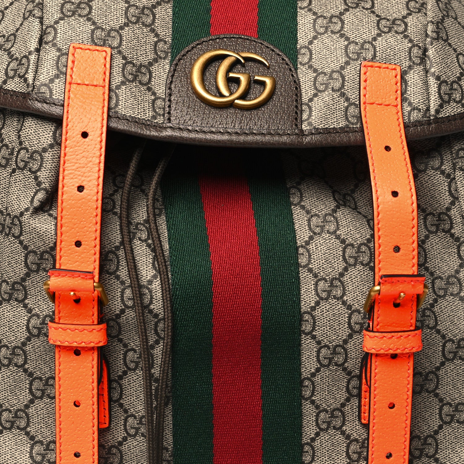 Gucci GG Supreme Monogram Medium Ophidia Double Buckle Backpack Beige Ebony Neon Orange 8 of 10