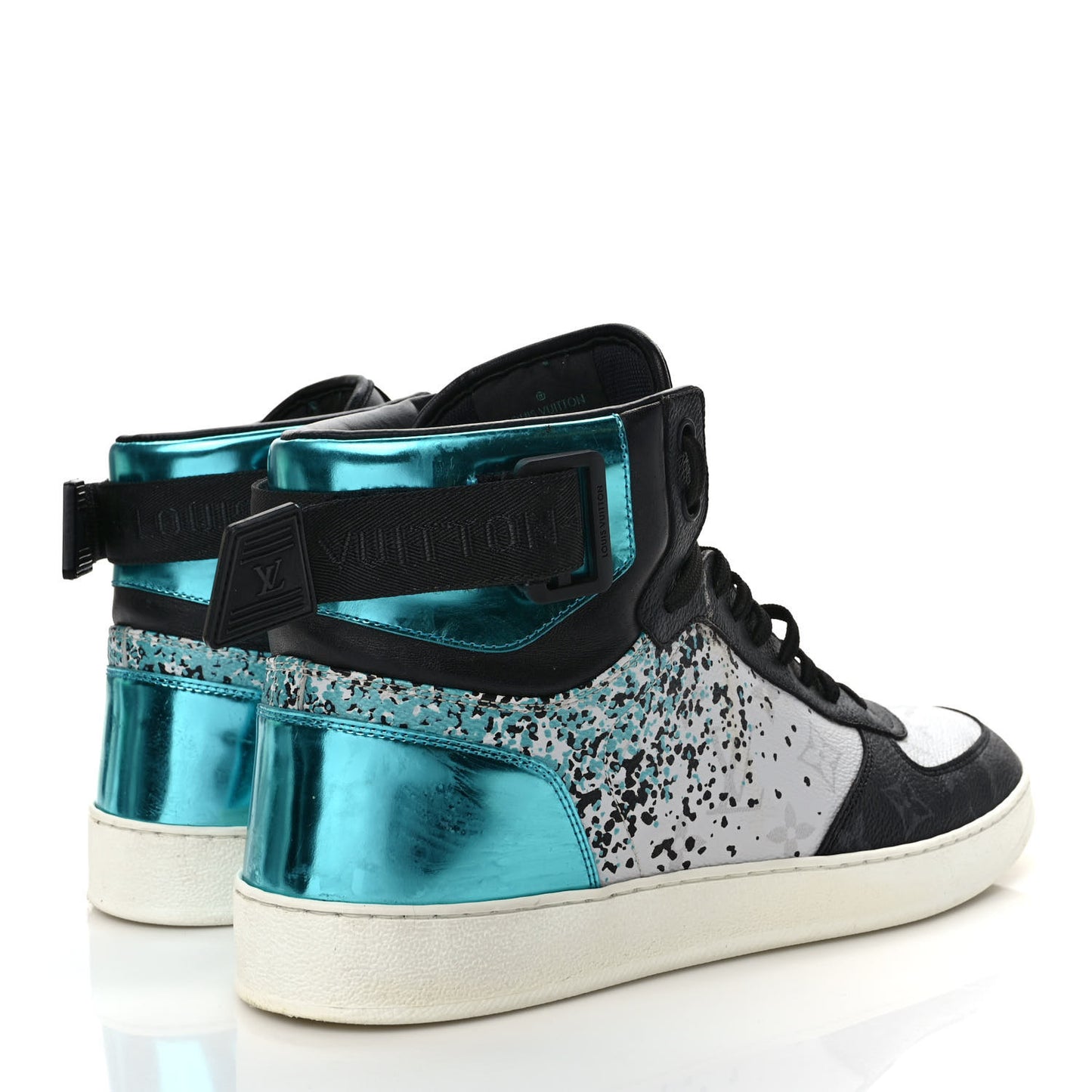 Metallic Calfskin Monogram Mens Rivoli High Top Sneakers 8.5 Blue Black