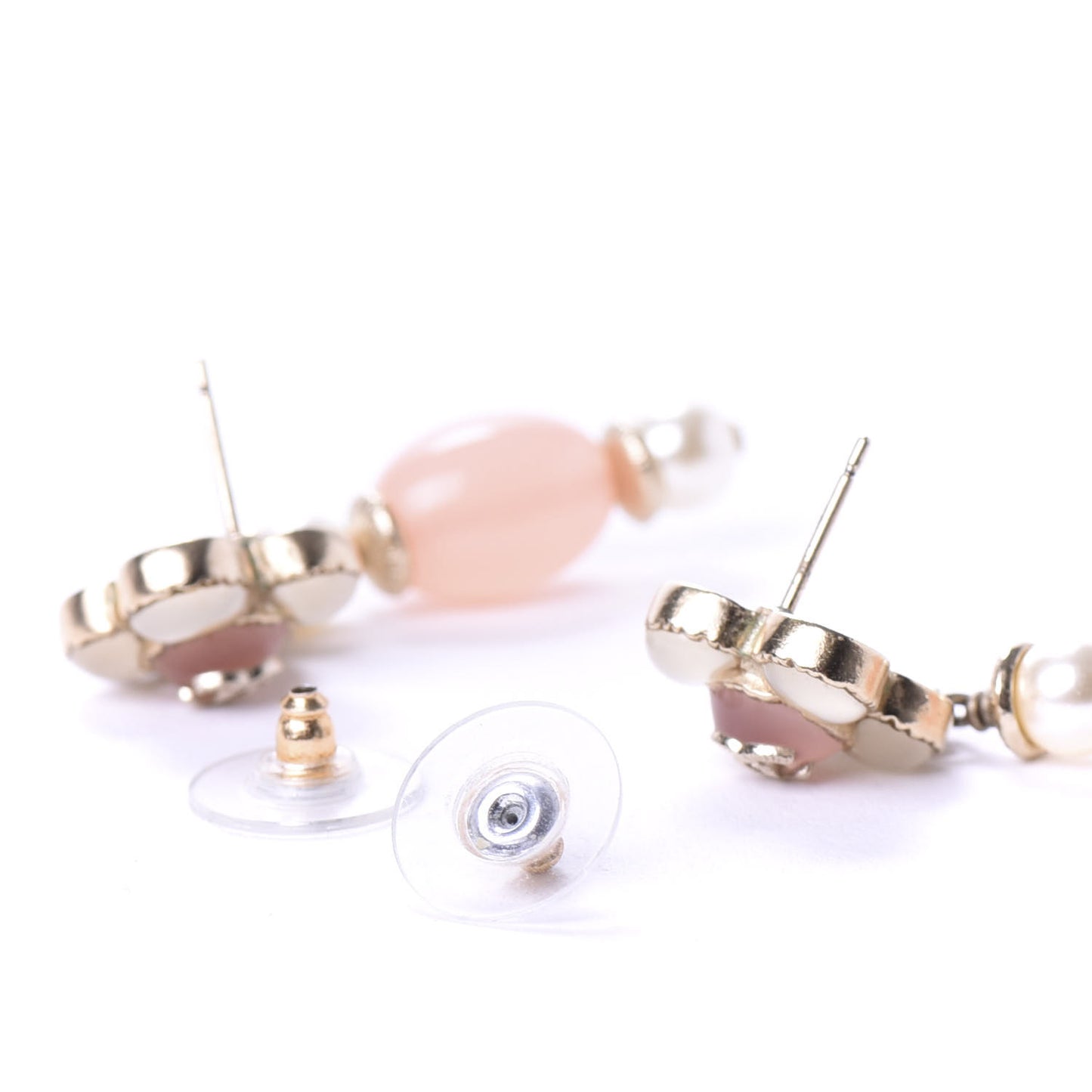 Resin Pearl CC Flower Drop Earrings Pink Beige