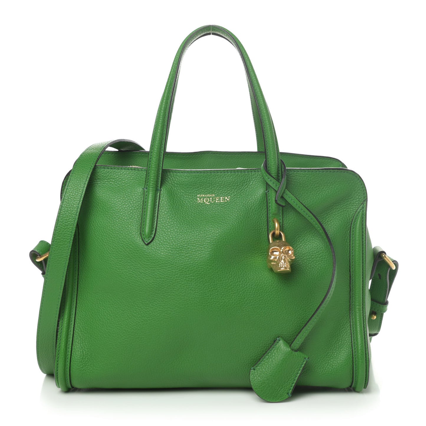 Pebbled Calfskin Small Skull Padlock Zip Around Tote Green