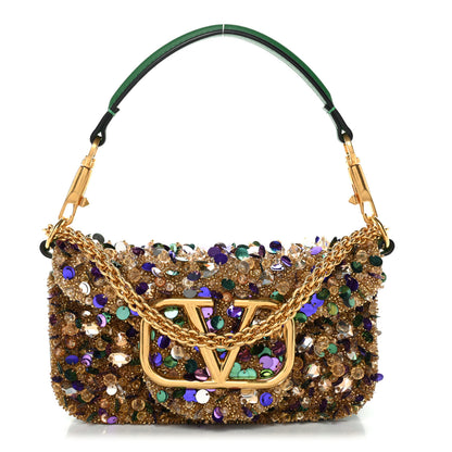Valentino Garavani Sequin Crystal Vlogo Embroidered Small Loco Shoulder Bag Gold Multicolor 1 of 9