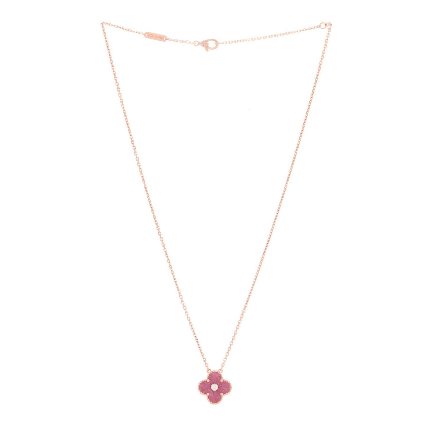 18K Rose Gold Diamond Rhodonite Vintage Alhambra Pendant Necklace
