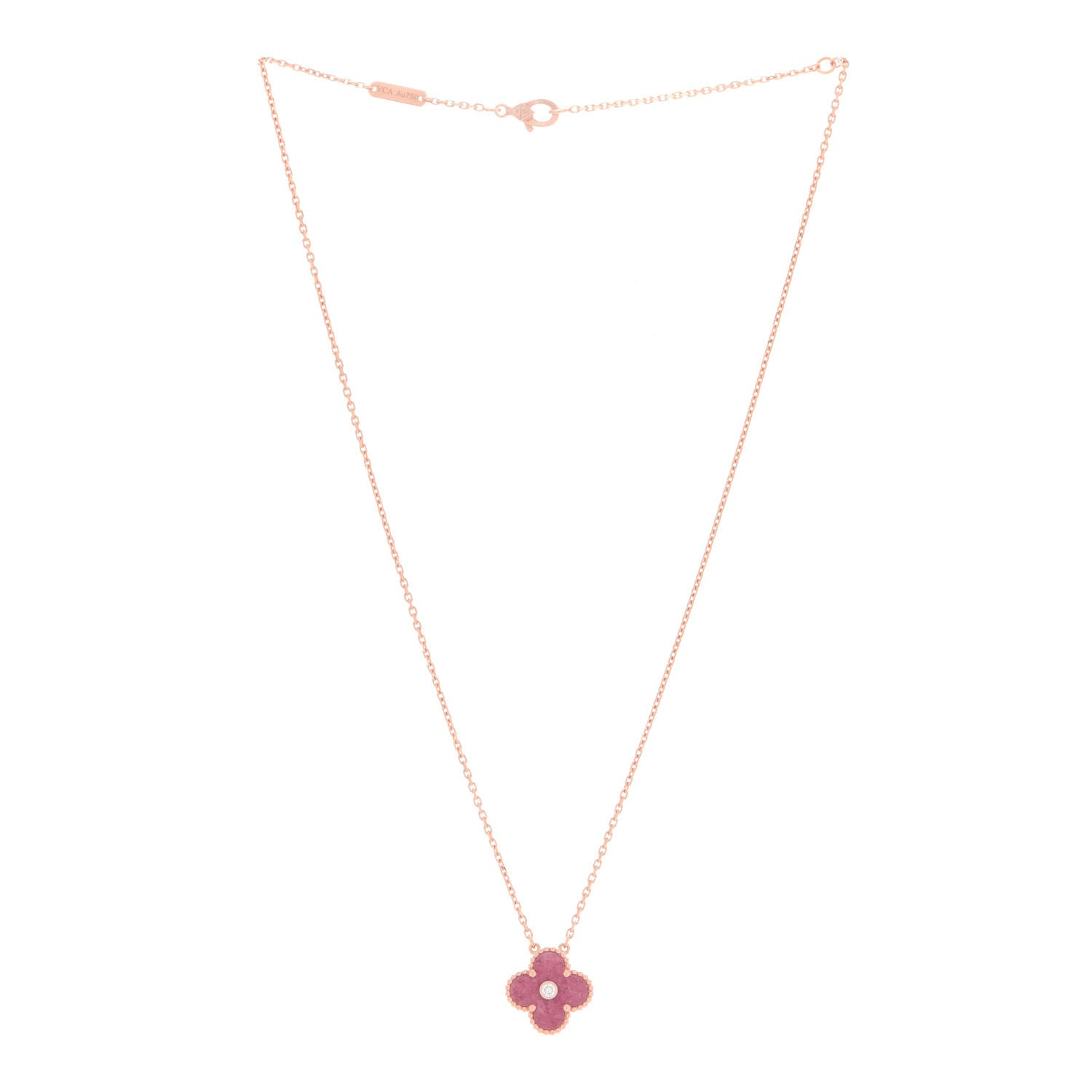 Van Cleef & Arpels 18K Rose Gold Diamond Rhodonite Vintage Alhambra Pendant Necklace 3 of 6