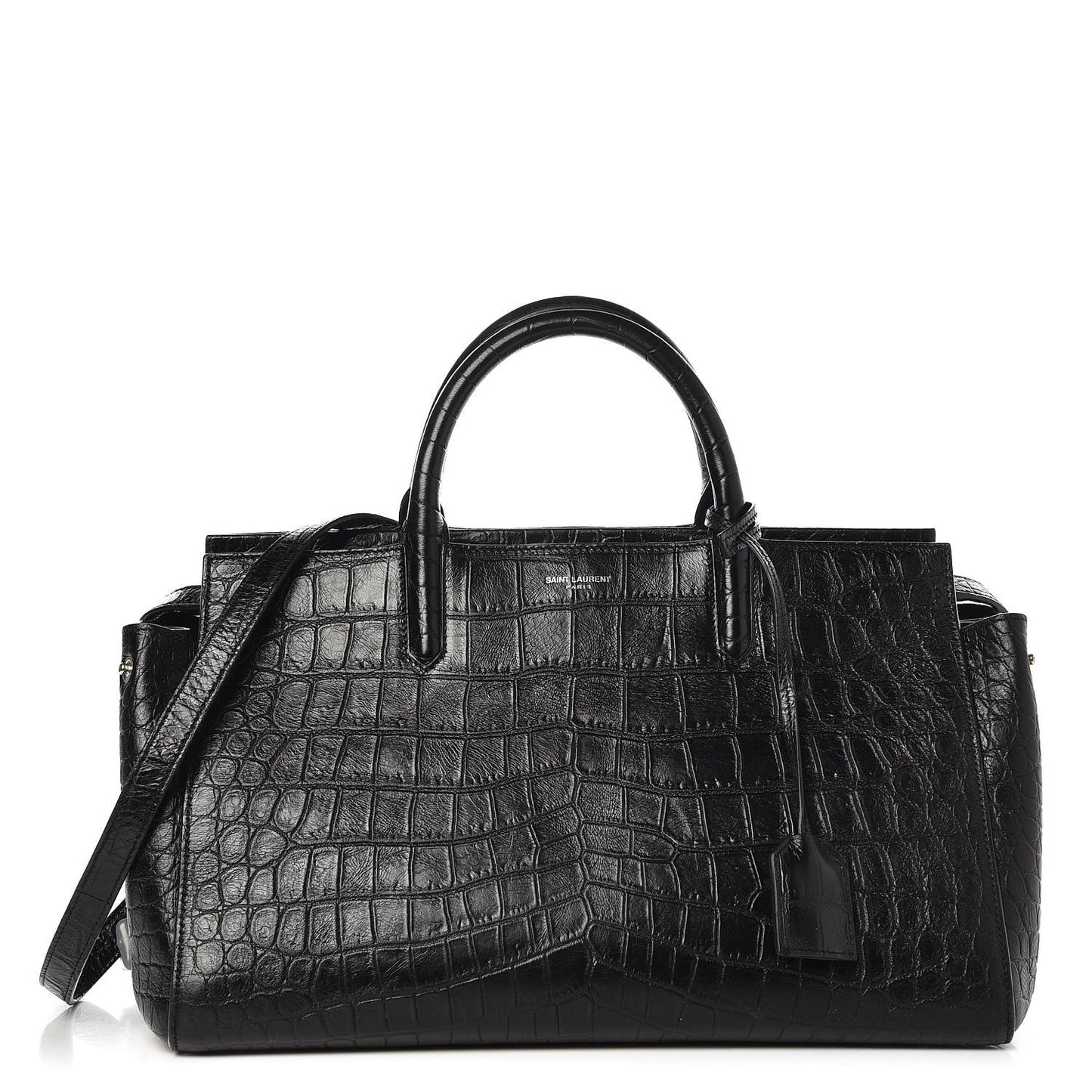 Calfskin Crocodile Embossed Small Cabas Rive Gauche Black