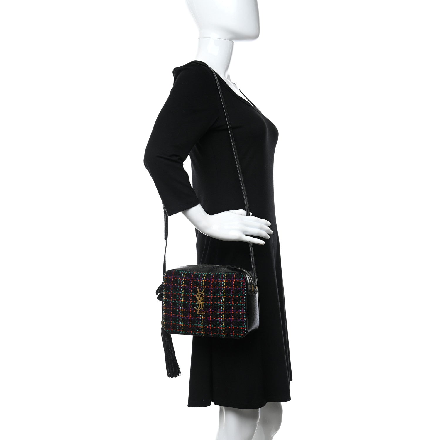 Saint Laurent Tweed Calfskin Monogram Lou Camera Bag Black 2 of 9