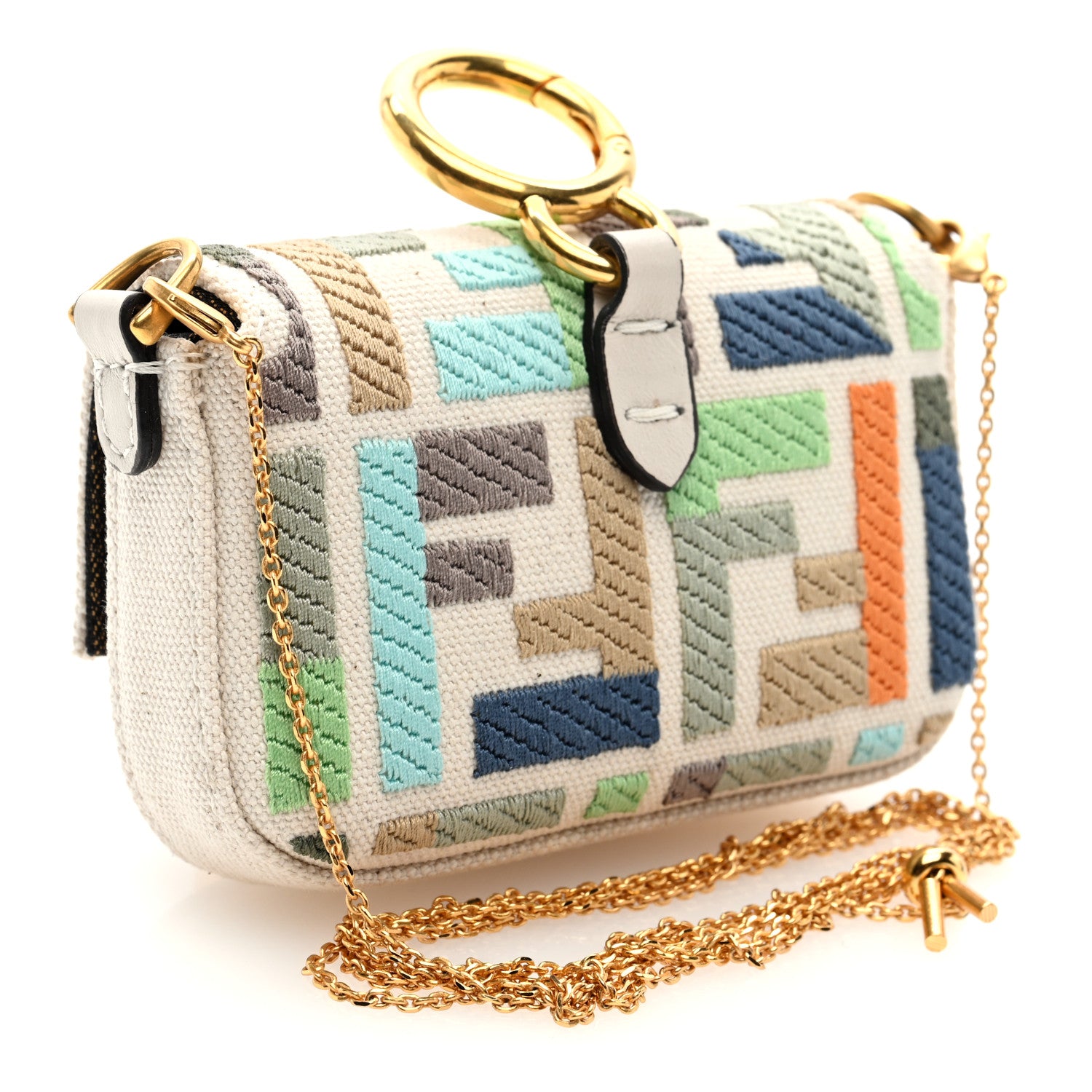 Fendi Canvas Nappa FF Multicolor Embroidered Nano Maxi Buckle Baguette Charm Grezzo Multicolor Latte 3 of 9