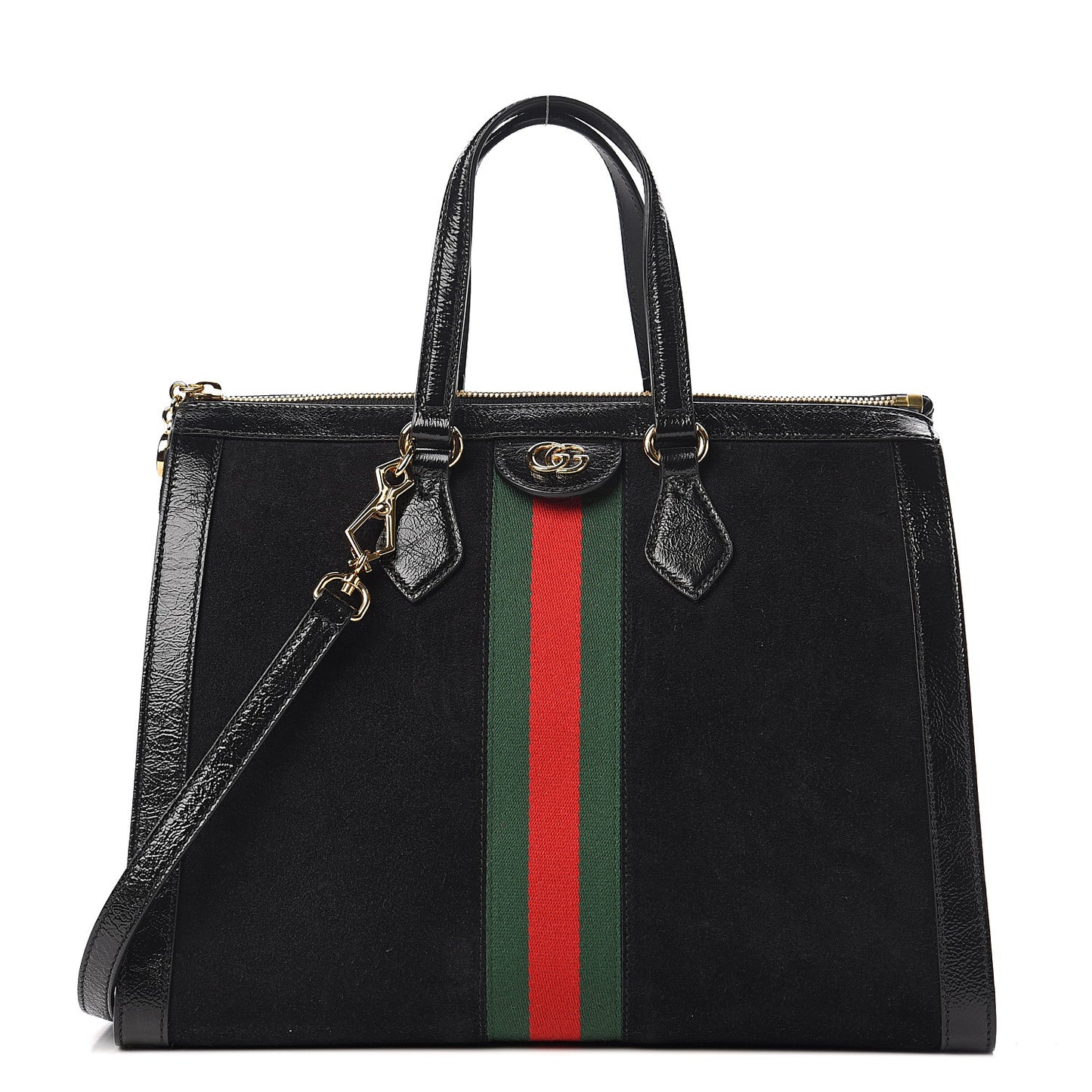 Suede Patent GG Web Medium Ophidia Tote Bag Black
