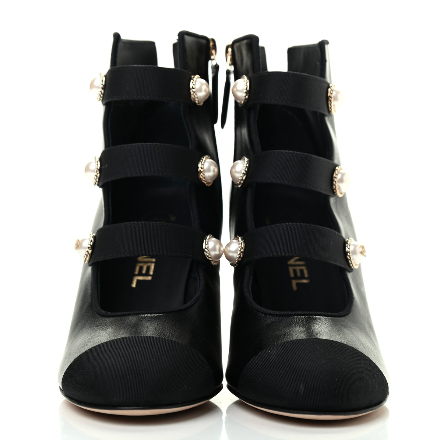 Lambskin Grosgrain Cap Toe Pearl Ankle Boots 36 Black