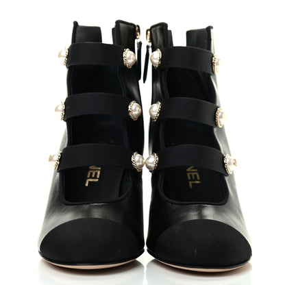 Chanel Lambskin Grosgrain Cap Toe Pearl Ankle Boots 36 Black 2 of 10
