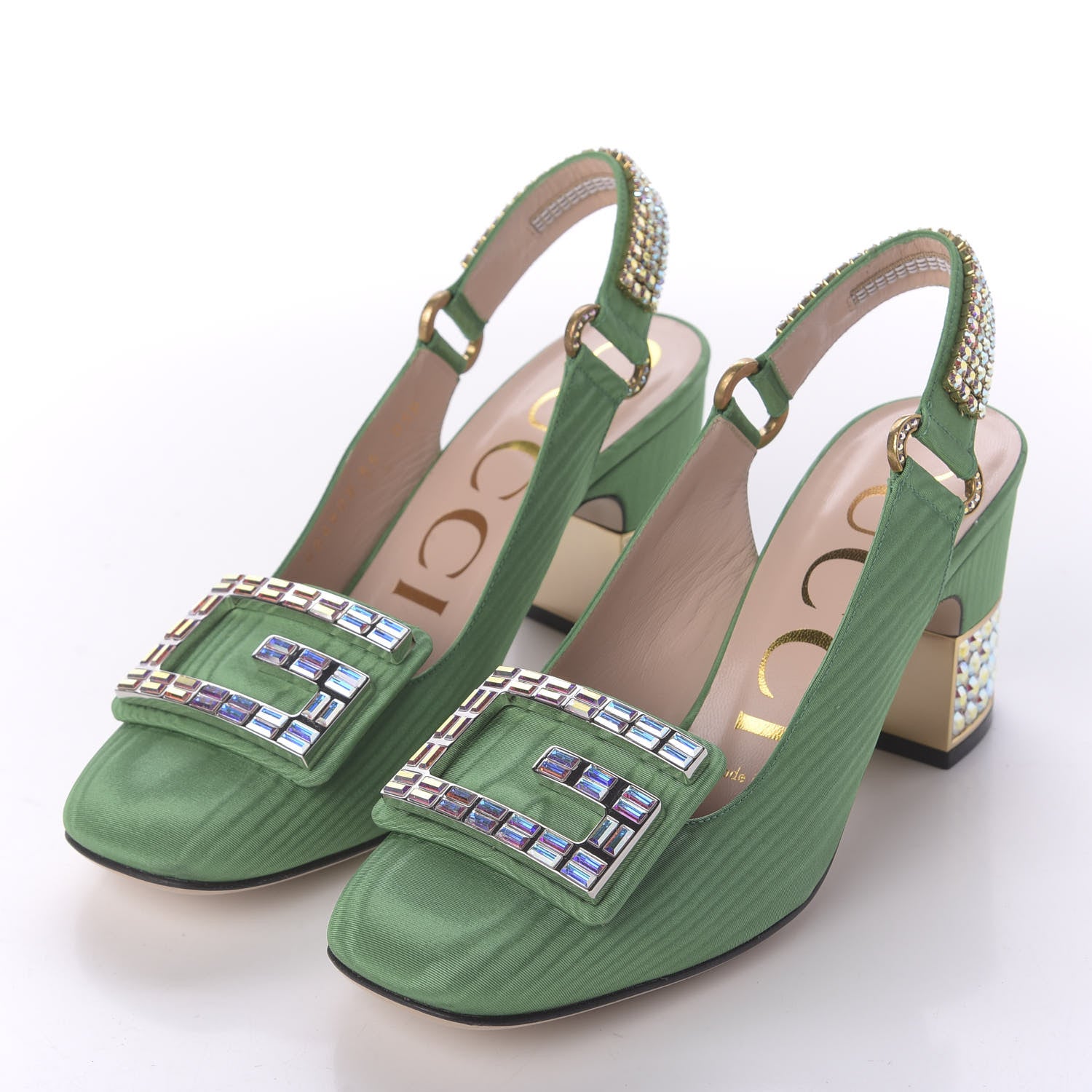 Gucci Moire Fabric Crystal Square G Madelyn Slingbacks 35 New Shamarock 3 of 9