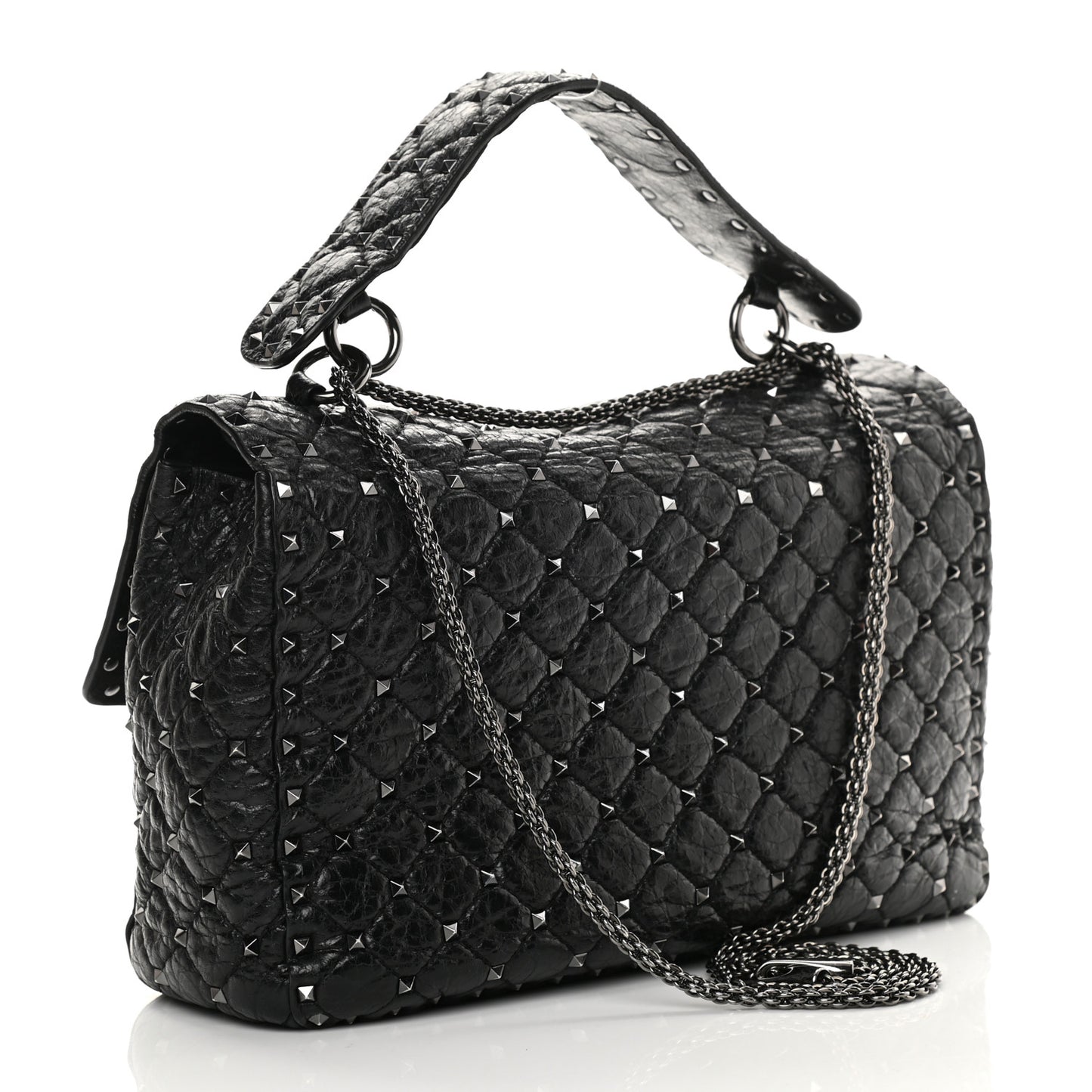 Craquele Nappa Large Rockstud Spike Shoulder Bag Black