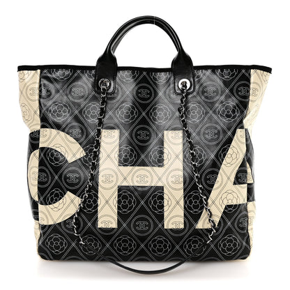 Chanel Coated Canvas Camellia Medium Shopping Tote Black Beige 1 of 10